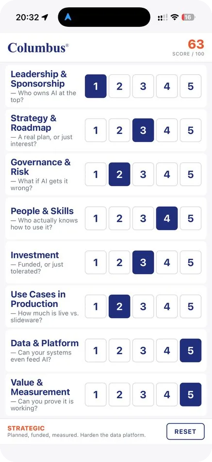 AI Assessment Scorecard with eight scoring dimensions