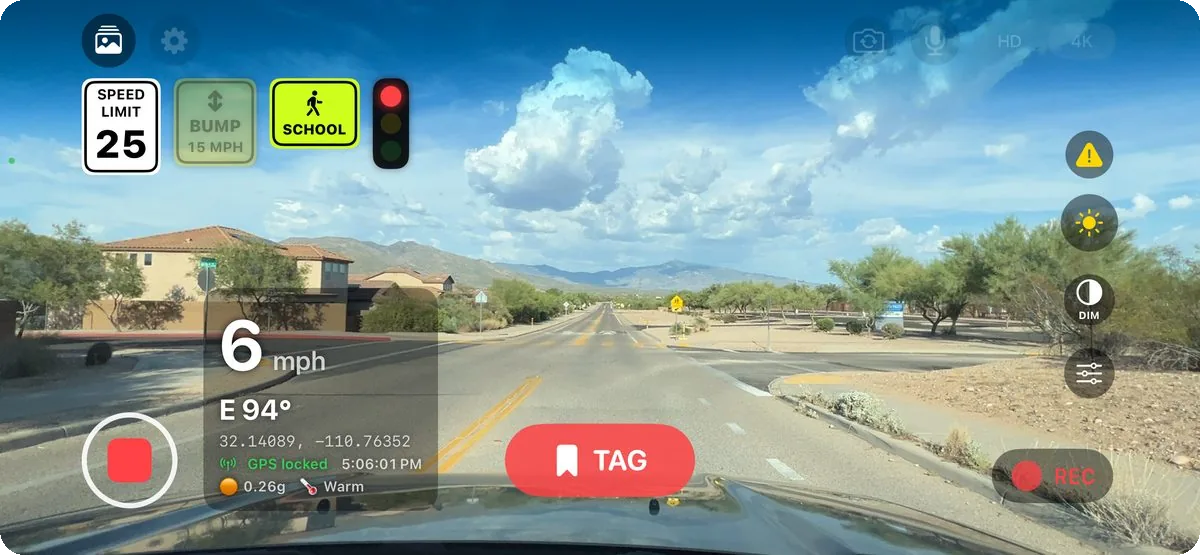 DashCam AR view with detected speed limit and school zone signs