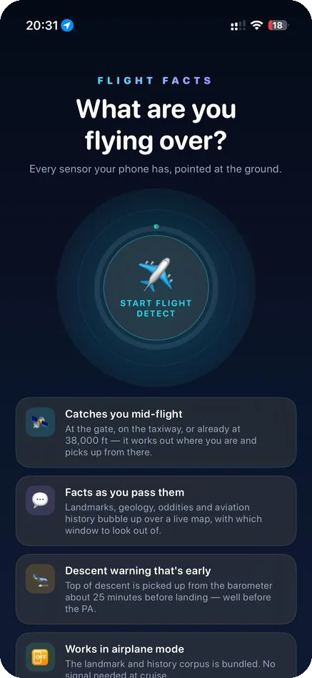 Flight Facts start screen — what are you flying over?