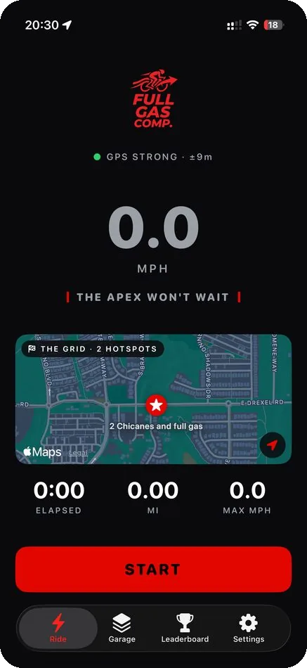 FULLGAS ride screen with GPS map and start button