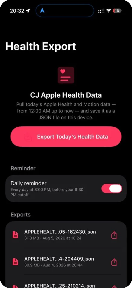Health Export app with export button and daily reminder