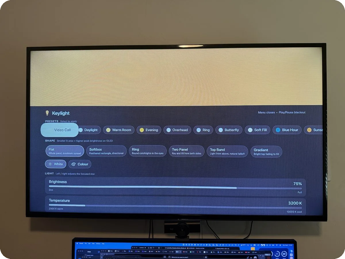 Keylight running on a wall-mounted TV as a video key light