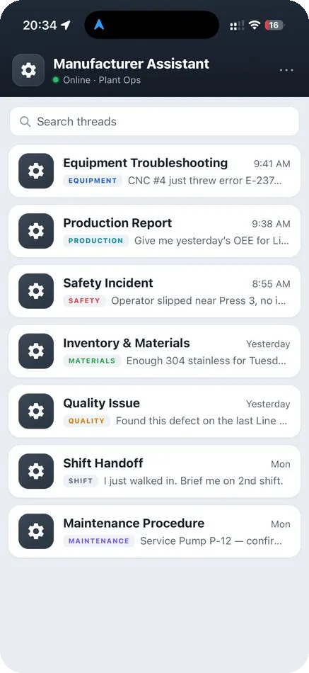 Manufacturer Assistant chat threads for plant operations