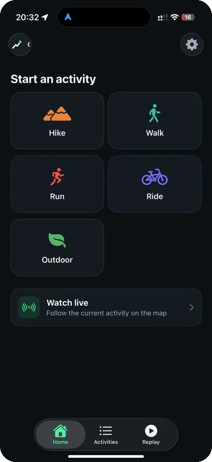 Outdoor Tracker activity picker — hike, walk, run, ride