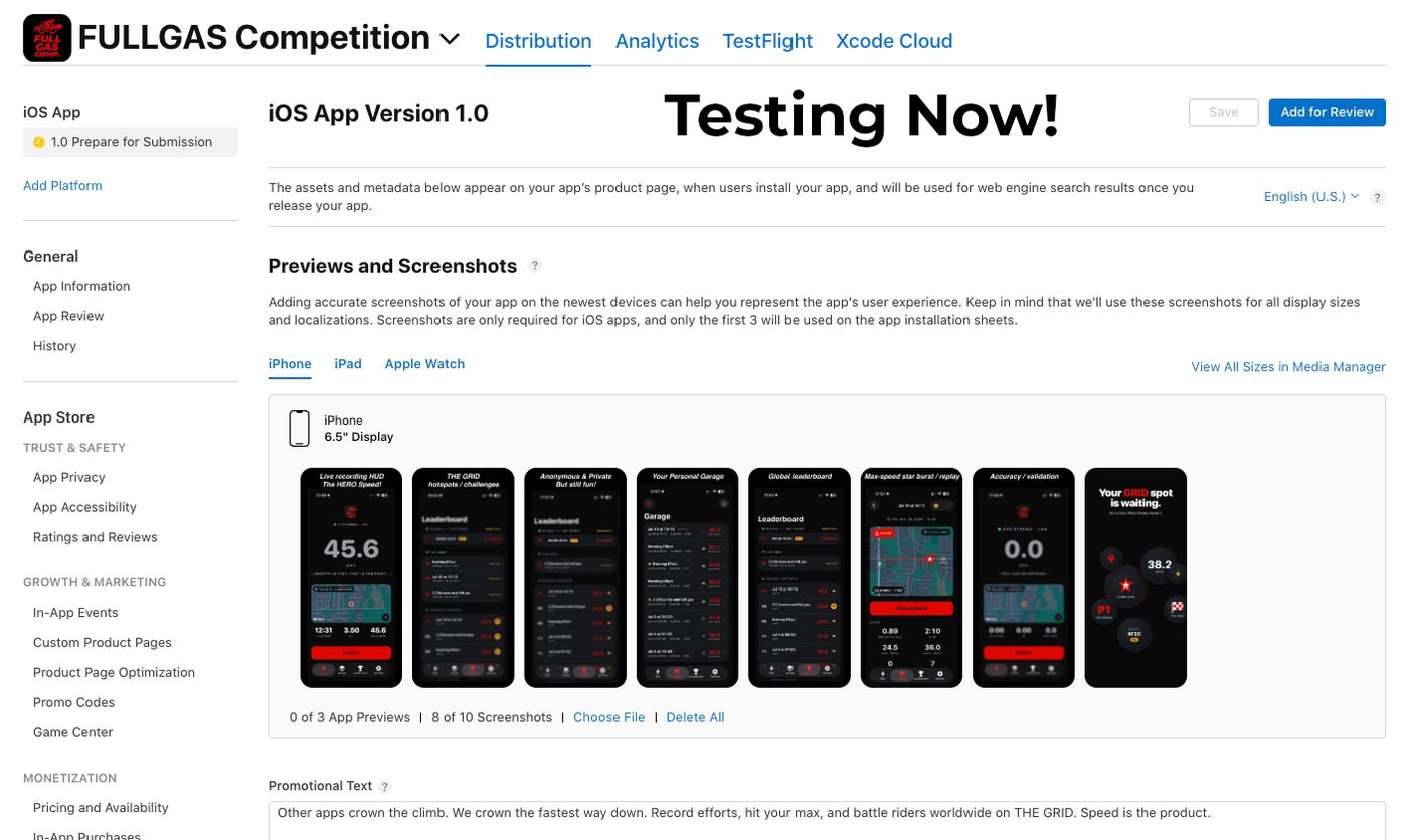 FULLGAS Competition in App Store Connect — iOS app version 1.0 preparing for submission, testing now in TestFlight